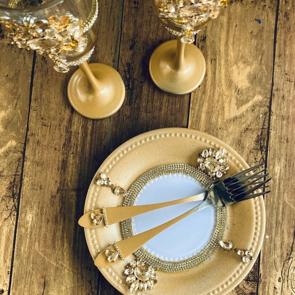 Gold crystalchampagne flutes forks cake plate - Picture 7 of 8